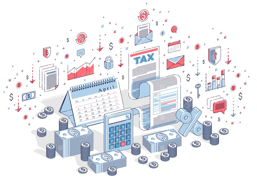 مفهوم مالیات: سند قانونی مالیاتی همراه با پول و تقویم به صورت ایزومتریک. تصویر سه‌بعدی وکتور مالی با آیکون‌ها، نمودارهای آماری و عناصر طراحی.