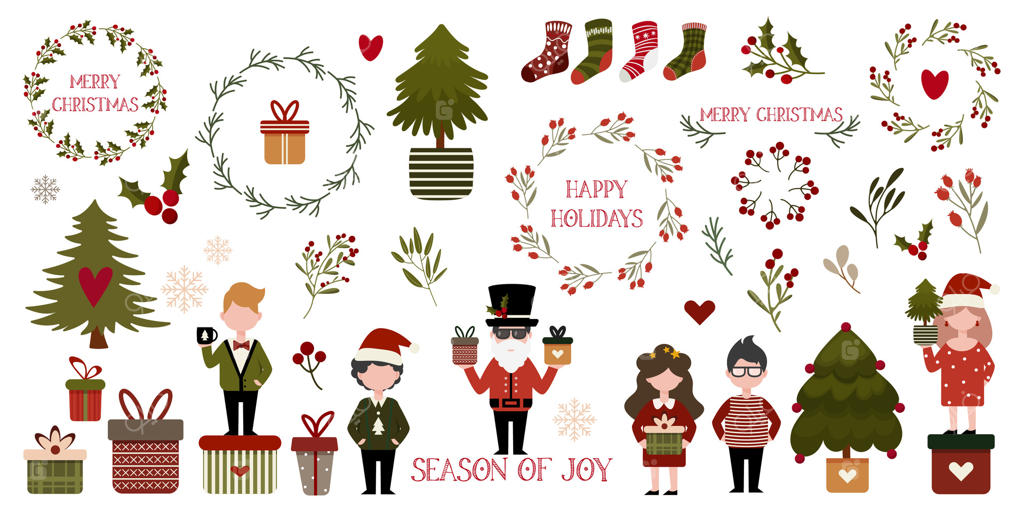 برچسب‌ های دست ‌ساز کریسمس: بابانوئل، درخت کریسمس، هدایا، برگ‌ها، توت‌ها، قلب‌ها، تاج گل، دختر، پسر، دانه‌های برف و جوراب به سبک کارتونی. شخصیت‌ ها و عناصر برای طراحی گرافیک و وب.