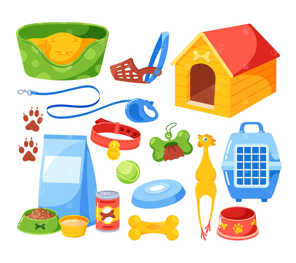 مجموعه‌ای از لوازم سگ شامل: مبل با بالش، ظرف غذا، کنسرو، اسباب‌بازی‌ها، قفس و لانه، قلاده و پوزبند