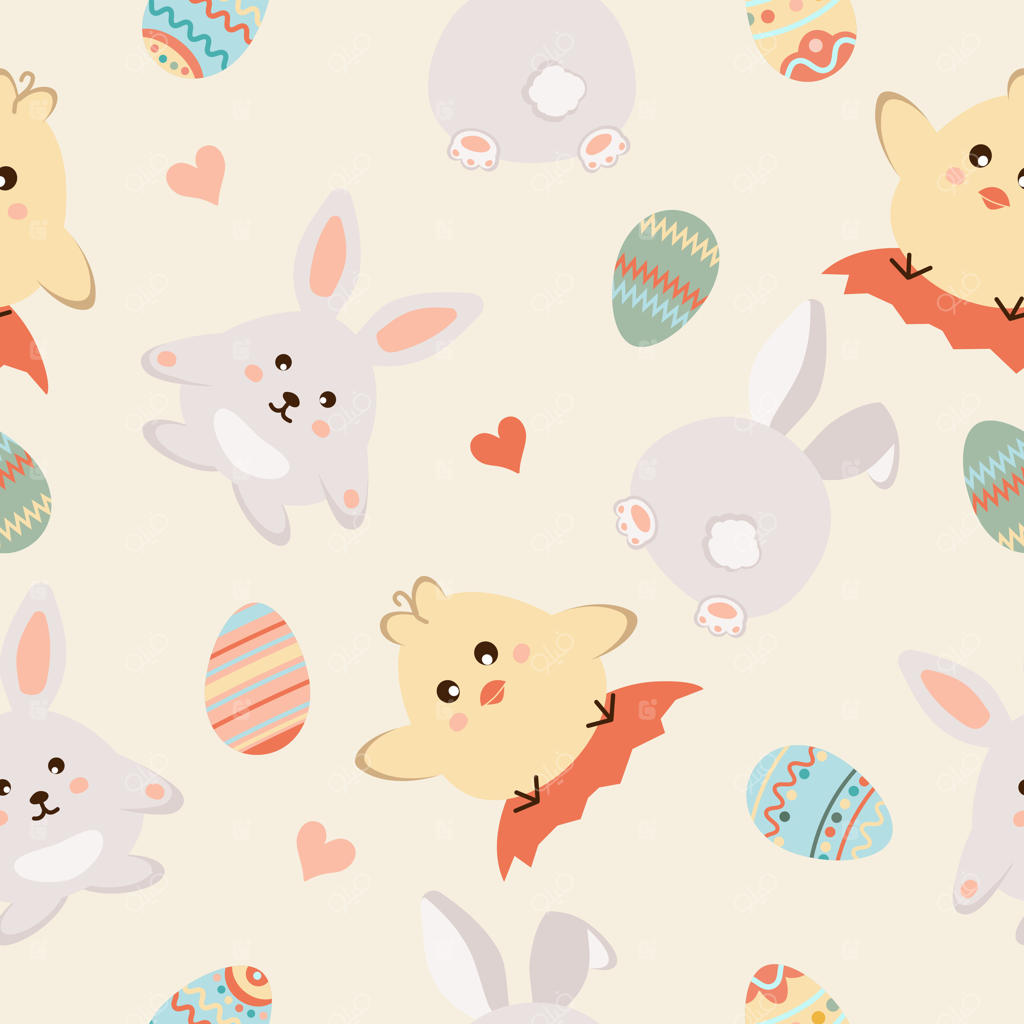 عید پاک مبارک: پترن یکپارچه با تخم‌مرغ‌های عید، خرگوش، جوجه و قلب بر روی پس‌زمینه زرد.