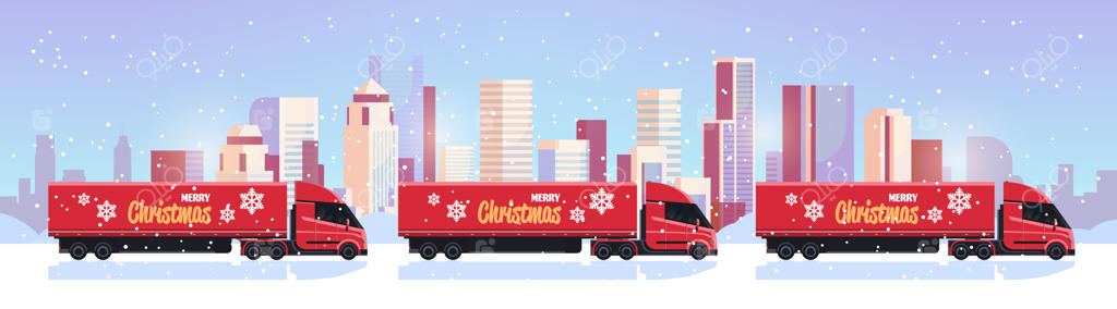 حمل و نقل کامیون‌های باربری در خیابان‌های شهر برای جشن‌های کریسمس و سال نو مبارک - پس‌زمینه‌ای از منظره برفی شهر