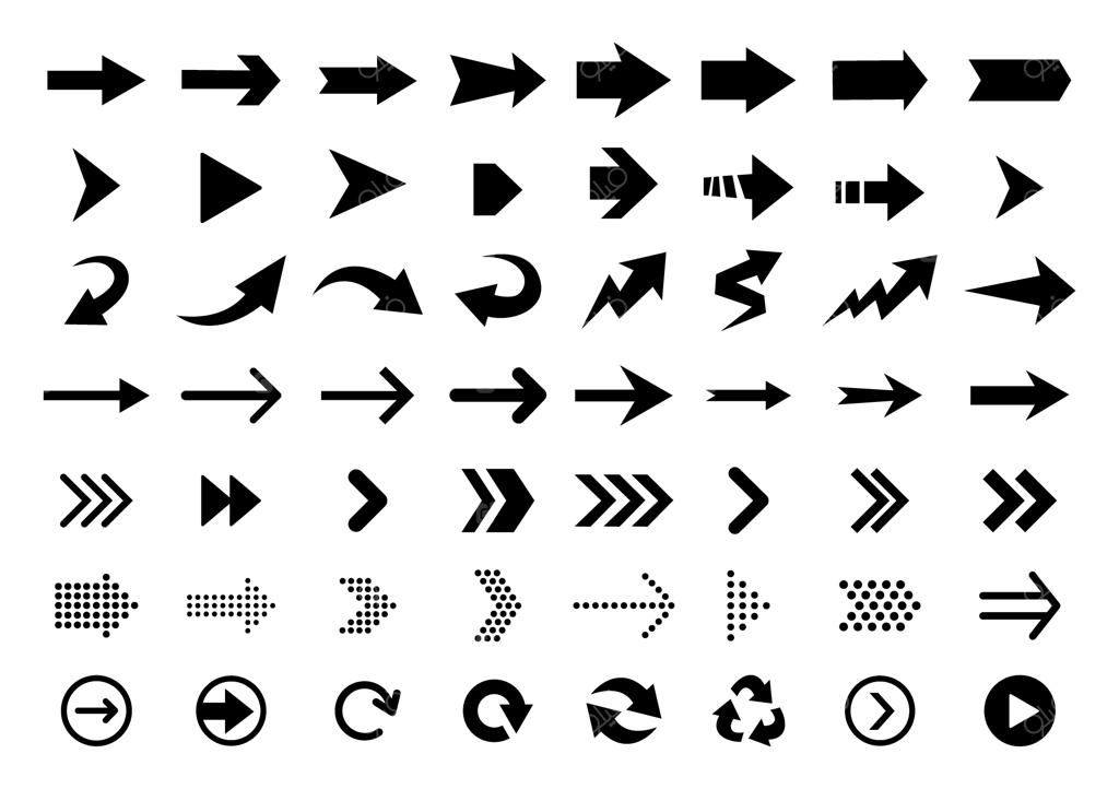 مجموعه بزرگ آیکون‌های وکتور فلش، نشانگرهای جهت و علائم پیکان سیاه و تخت