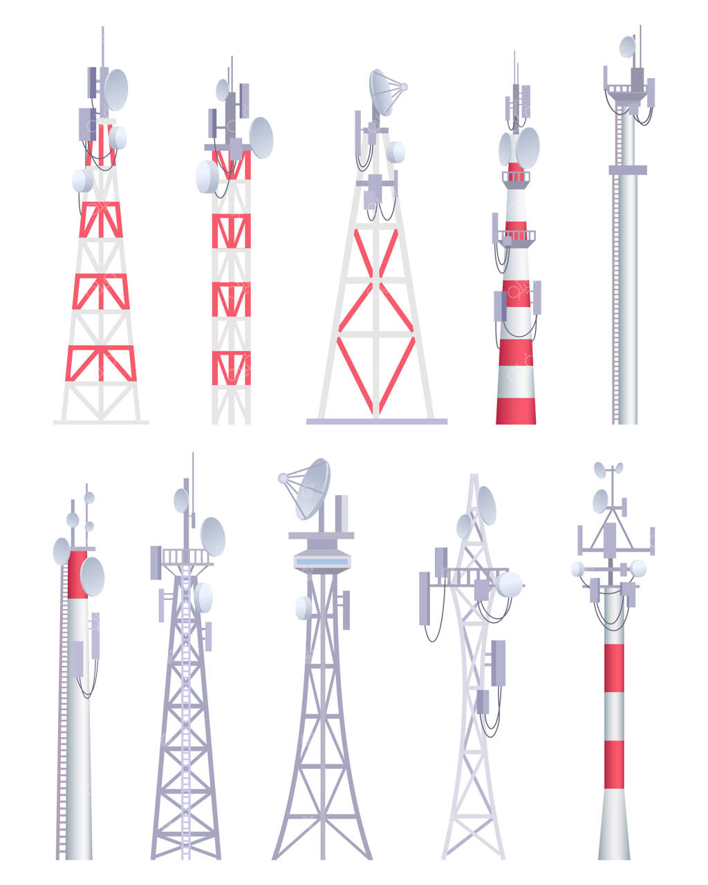 برج ارتباطات: تصاویر کارتونی از دکل‌های مخابراتی، آنتن‌های بی‌سیم رادیو و تلویزیون، و ماهواره‌ها