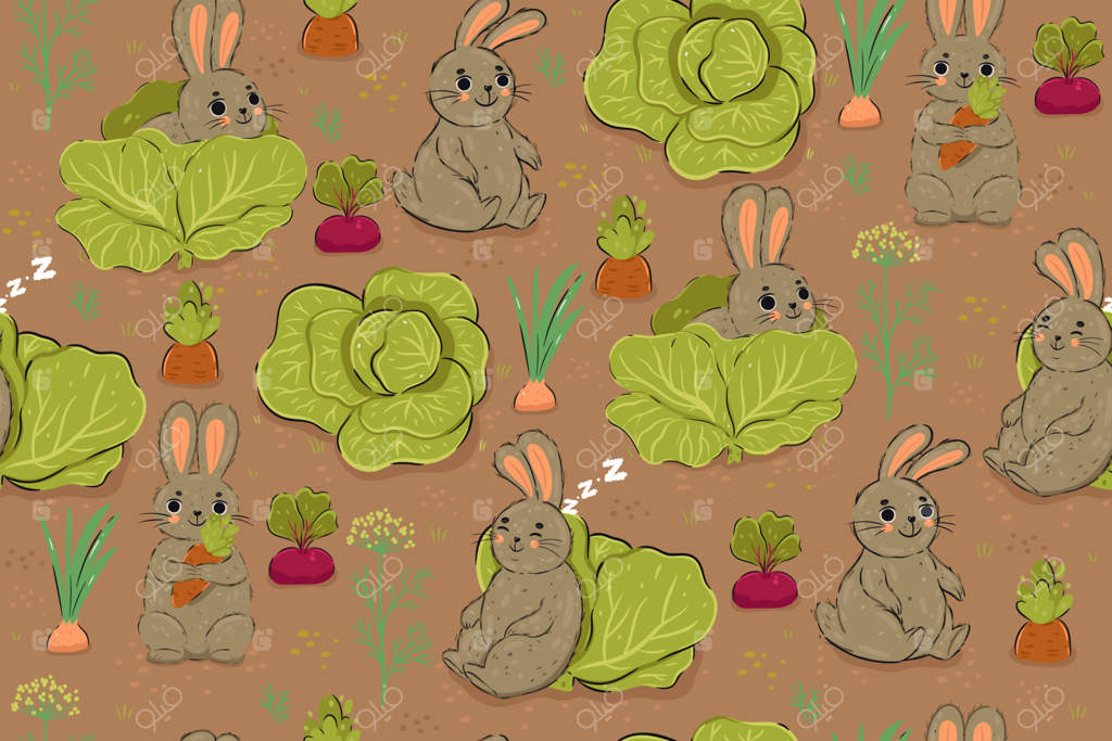 طرح یکپارچه خرگوش‌ها و سبزیجات در باغ. گرافیک وکتور.