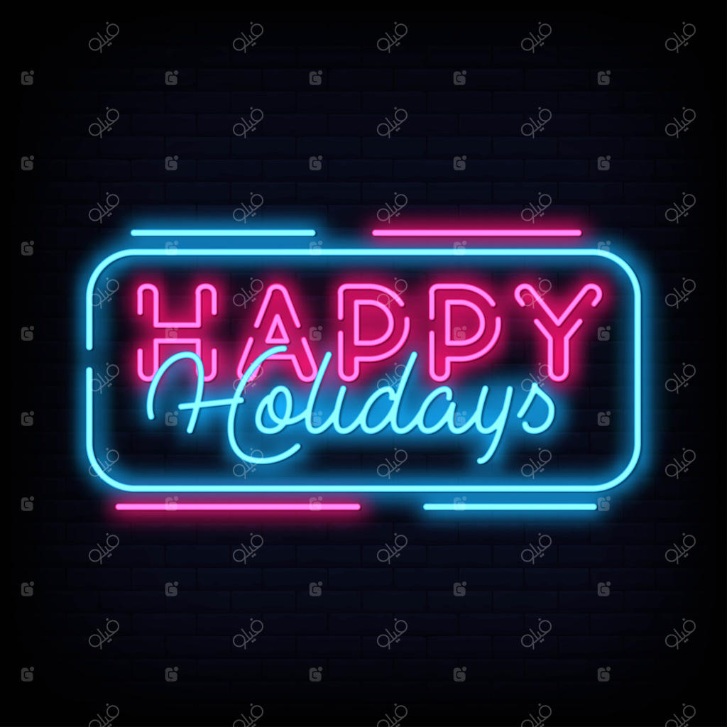 وکتور متن نئون تعطیلات مبارک. قالب طراحی نشان نئون تعطیلات مبارک