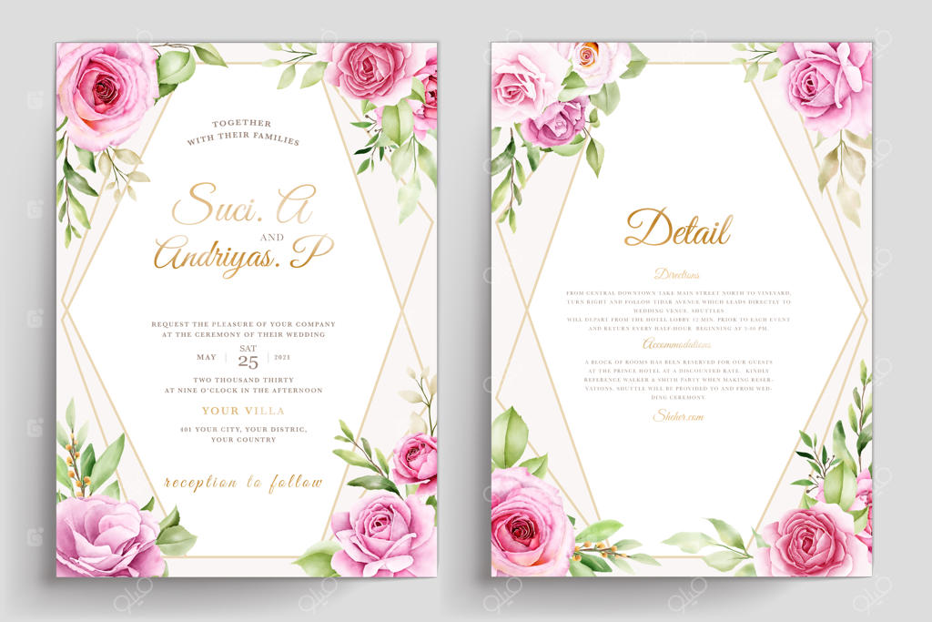 کارت آبرنگی گل‌های رز با رنگ‌های صورتی و سبز