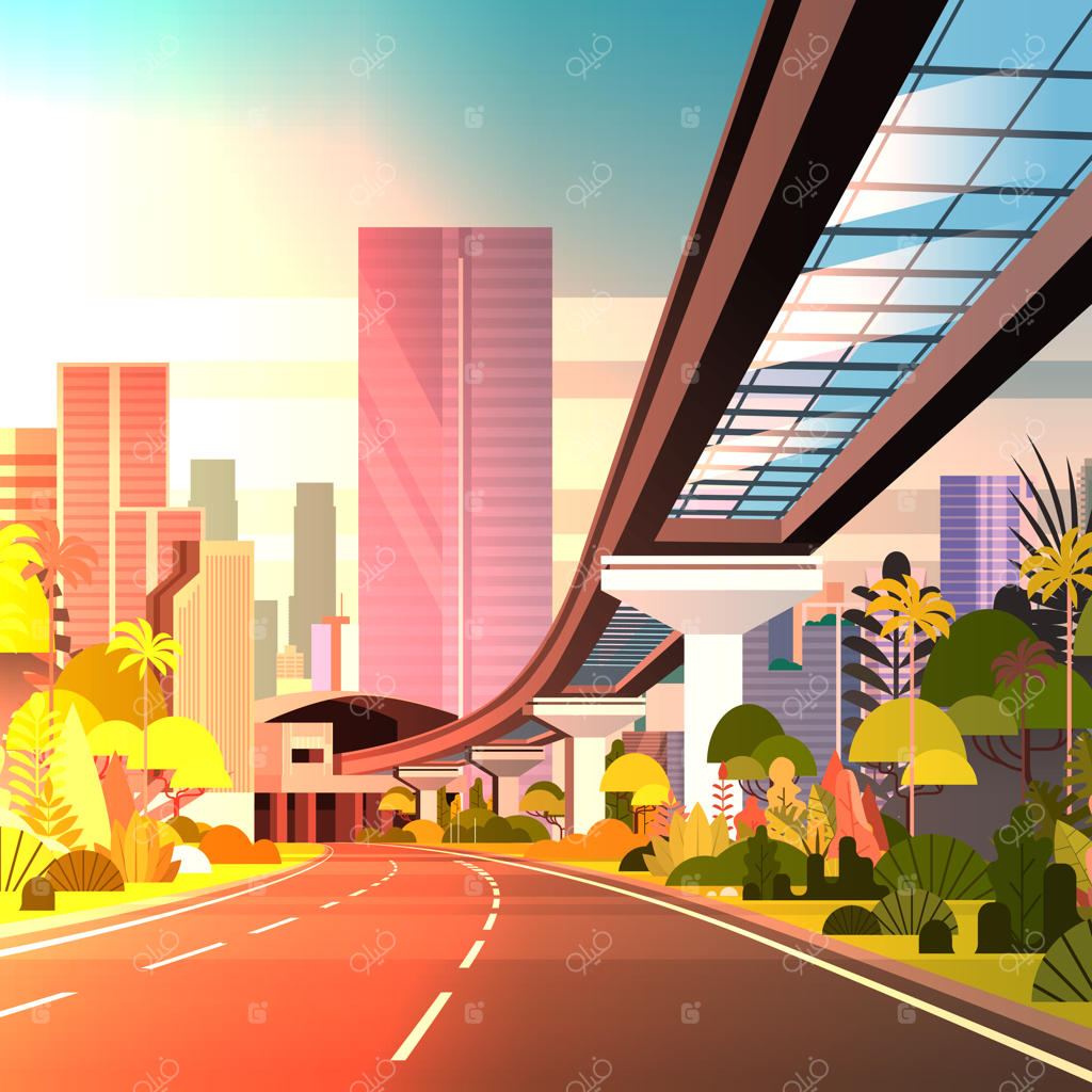 جاده‌ای به سوی شهر بزرگ با آسمان‌خراش‌ها و ریل قطار؛ چشم‌انداز غروب مدرن شهری