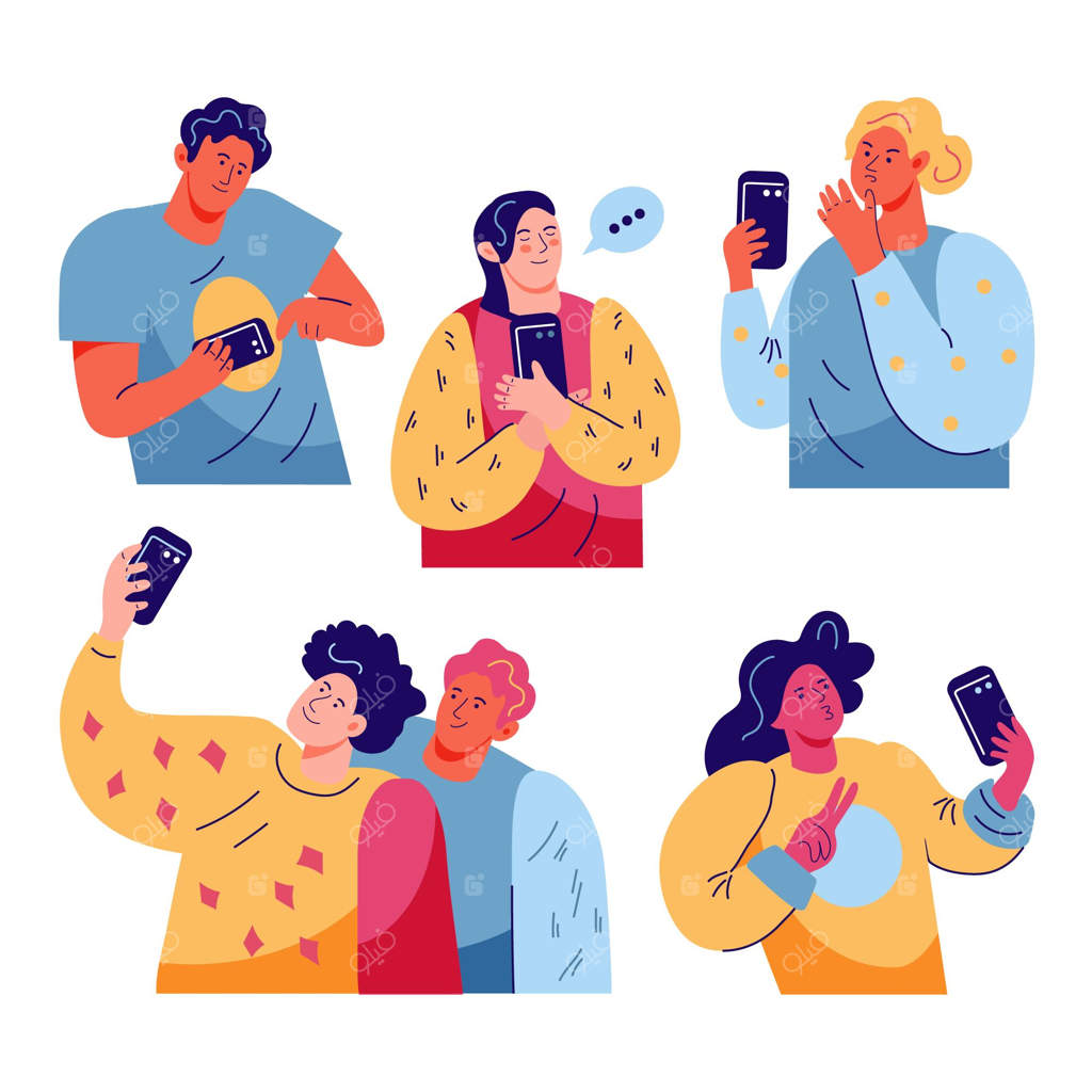 مجموعه‌ای از جوانان در حال استفاده از تلفن‌های هوشمند