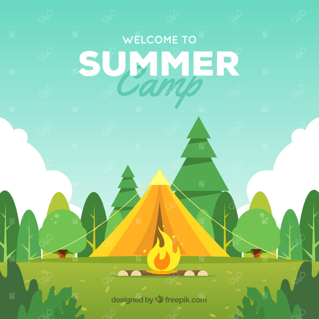 پس‌زمینه اردوگاه تابستانی با درختان و آتش‌ اردوگاه