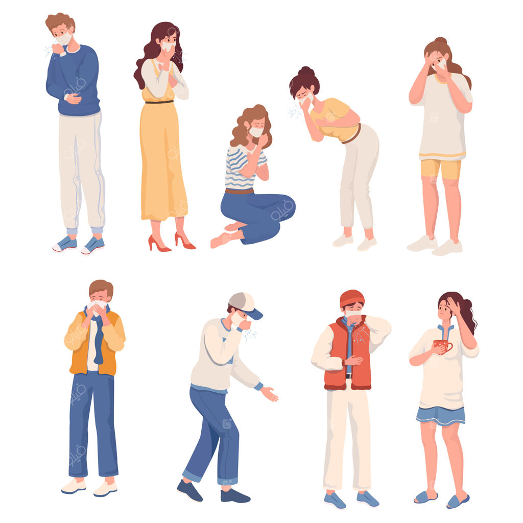 علائم کروناویروس کووید-۱۹ یا آنفولانزا – تصویرسازی تخت: افراد بیمار با ماسک‌های محافظتی دچار سرماخوردگی، سرفه، گلودرد و افزایش دما شده‌اند. مفهوم بیماری آنفولانزا.