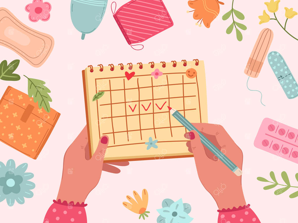 دوره قاعدگی زنان: تقویم چرخه قاعدگی و بهداشت فردی زنان با عناصر بهداشتی و تصویرسازی دقیق