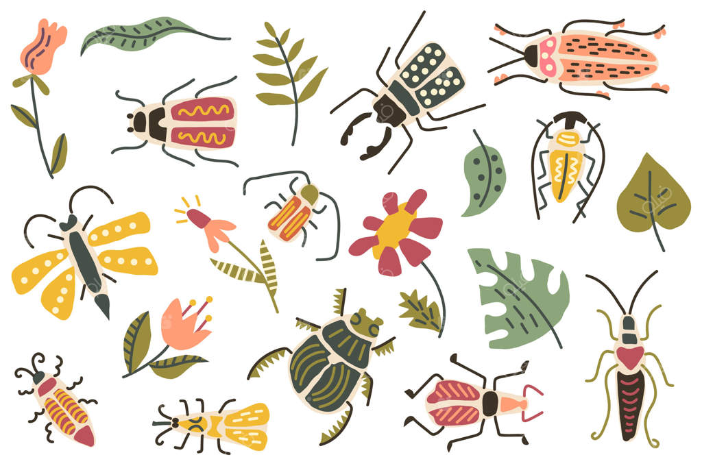 تصویر خیالی حشرات و گل‌ها با کفشدوزک‌ها، پروانه‌ها، سوسک‌ها و شکوفه‌های سبک‌دار: یک طراحی شاد و رنگارنگ طبیعی، مناسب دکور اتاق کودکان