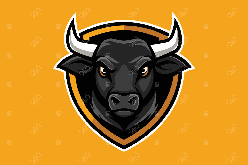 تصویرسازی لوگوی نمادین گاو نیرومند روی پس‌زمینه زرد، سمبل قدرت برای تیم‌های ورزشی، برندینگ، تجارت، امور مالی و پروژه‌های طراحی گرافیک خلاقانه.