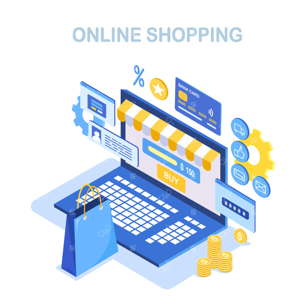 فروش آنلاین و خرید اینترنتی: لپ‌تاپ ایزومتریک با کیف، پول، کارت اعتباری و نظرات مشتریان.