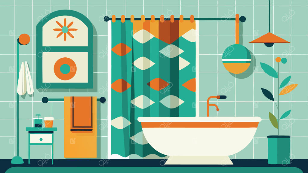 حمام مدرن با لوازم مینیمالیستی اسکاندیناوی و جذابیتی رترو با پرده دوش طرح‌دار.