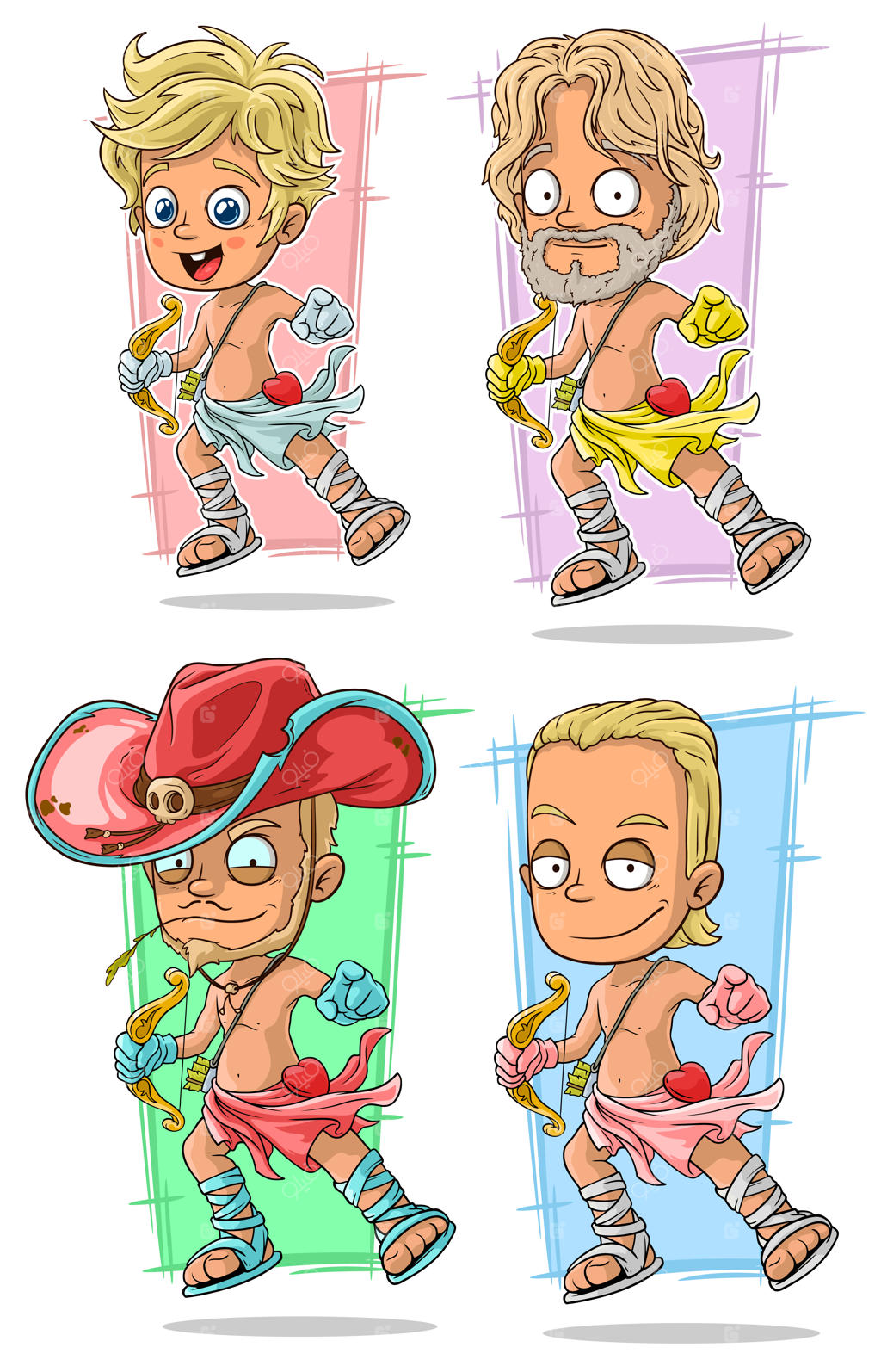 کوپیدون خوش‌تیپ کارتونی با کمان و پیکان‌های طلایی