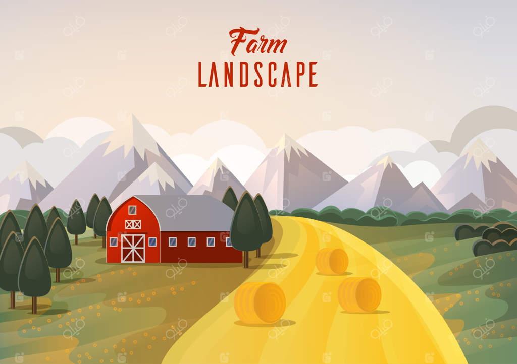 چشم‌انداز مزرعه: panorama مزرعه گندم در کنار انبار کوهستانی و درختان