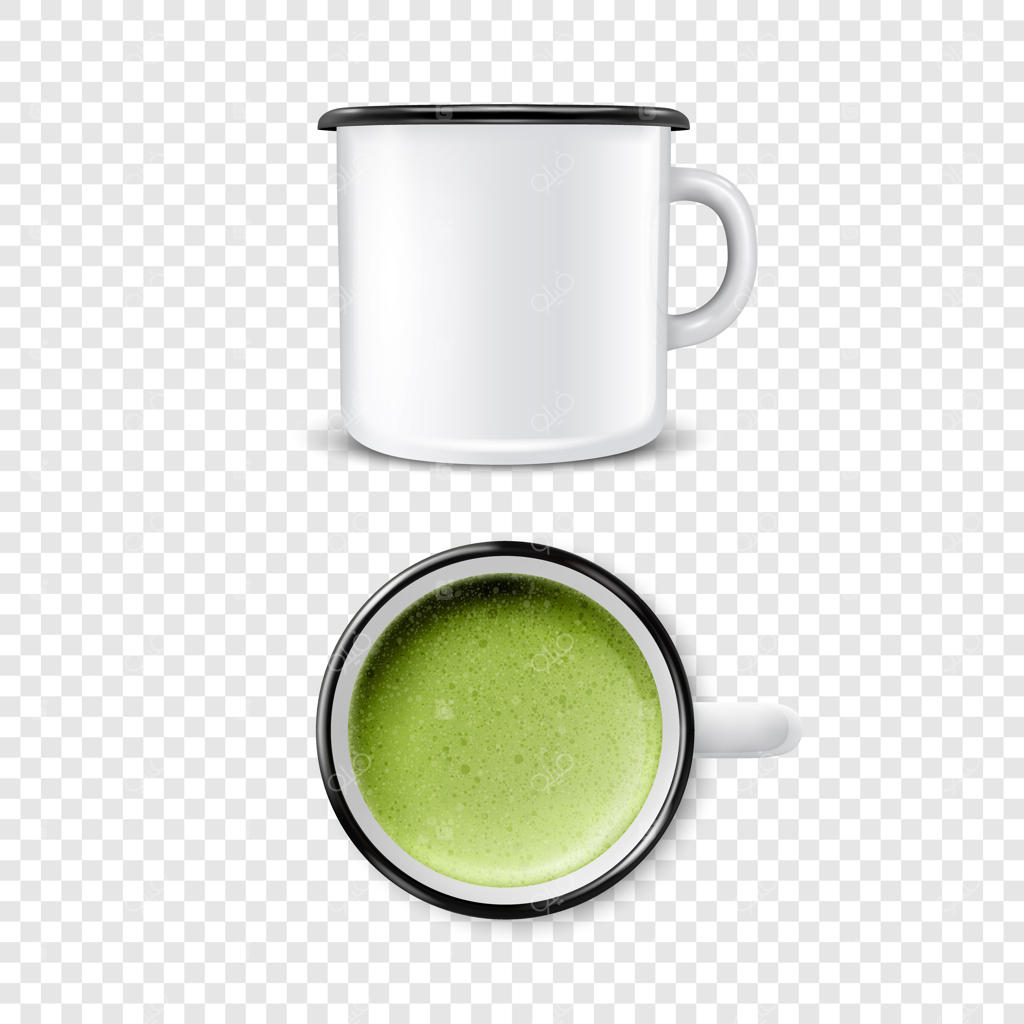 ماگ فلزی سه‌بعدی وکتور با طراحی واقعی: نمای جلو و بالا از ماگ سفید با کف سبز ماچا برای نمونه‌سازی در پس‌زمینه شفاف