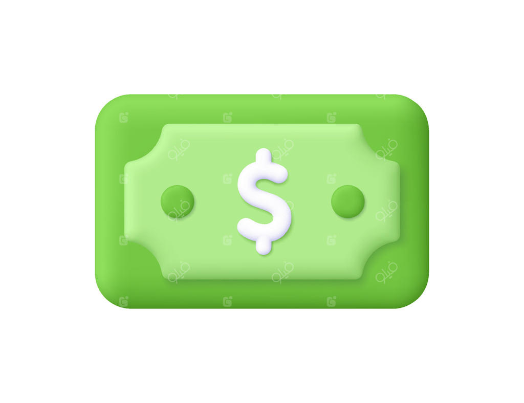 اسکناس با نماد دلار: مفاهیم مالی، کسب و کار، درآمد، پس‌انداز و سرمایه‌گذاری. آیکون سه‌بعدی به سبک کارتونی و مینیمالیستی.