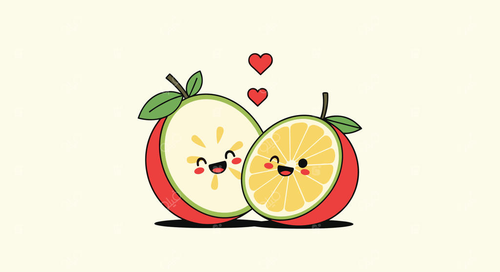 تلفیق میوه‌ها؛ برش سیب و نیمه پرتقال دوست‌داشتنی در حال ابراز عشق و محبت