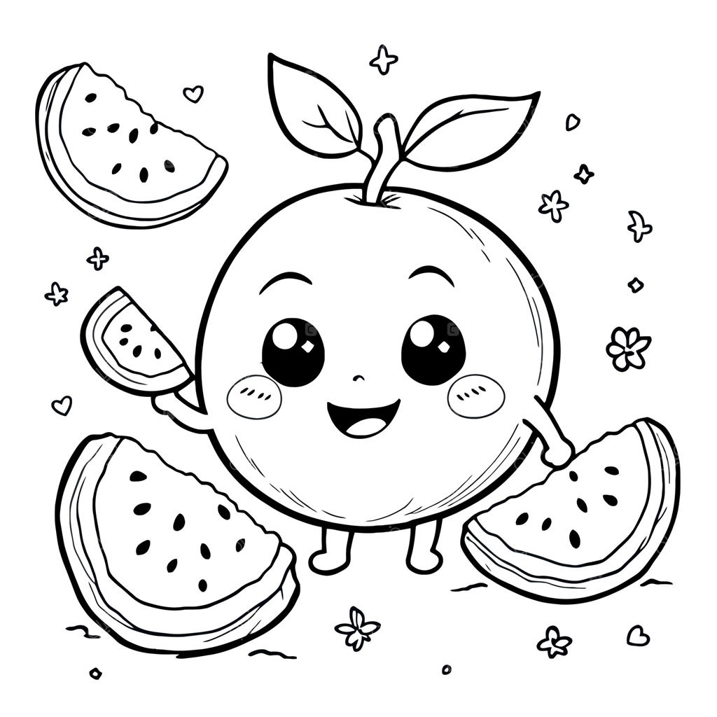 صفحه رنگ‌آمیزی هنر خطی هندوانه بامزه و کارتونی