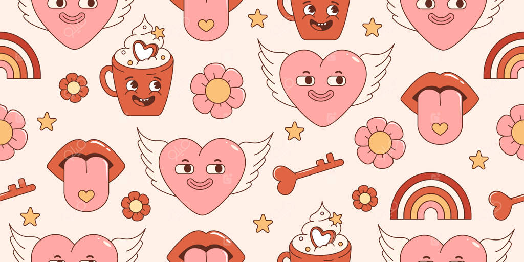 پترن یکپارچه ولنتاین هیپی جذاب: با شخصیت‌های کارتونی و عناصر رترو.