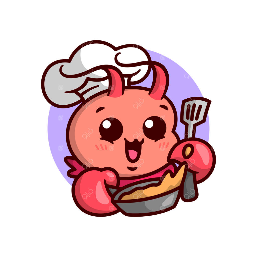 سرآشپز بامزه خرچنگ در حال سرخ کردن غذا با کاردک - کارتون ماسکات.