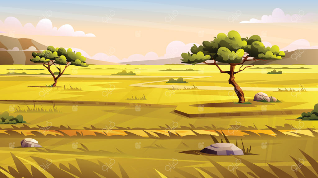 تصویرسازی کارتونی از دشت وسیع ساوانا با درختان پراکنده، سنگ‌ها و مسیری پرپیچ‌وخم در میان علفزار