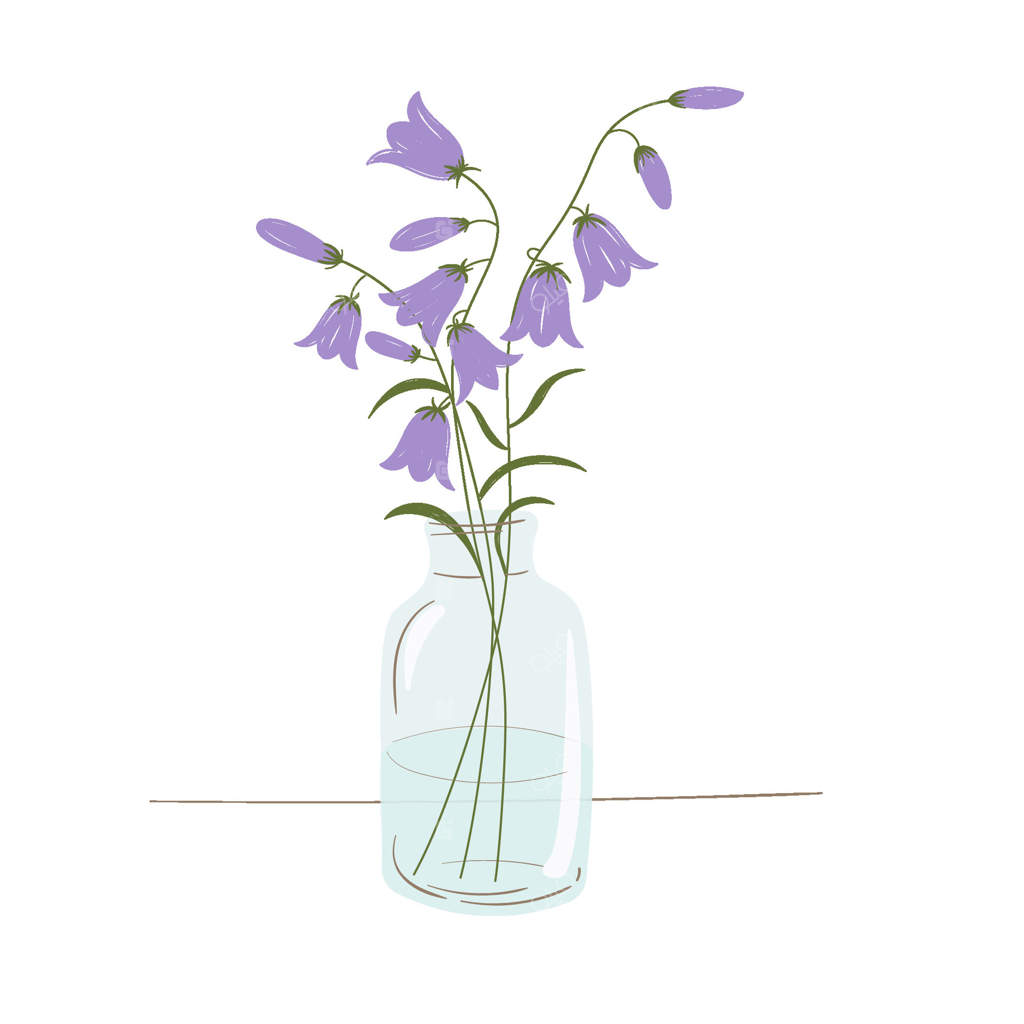 دسته‌ای از گل‌های استکانی در گلدان شیشه‌ای. دسته‌ای از گل‌های استکانی باغ تابستانی. گیاهان گل‌دار طراحی‌شده با دست.