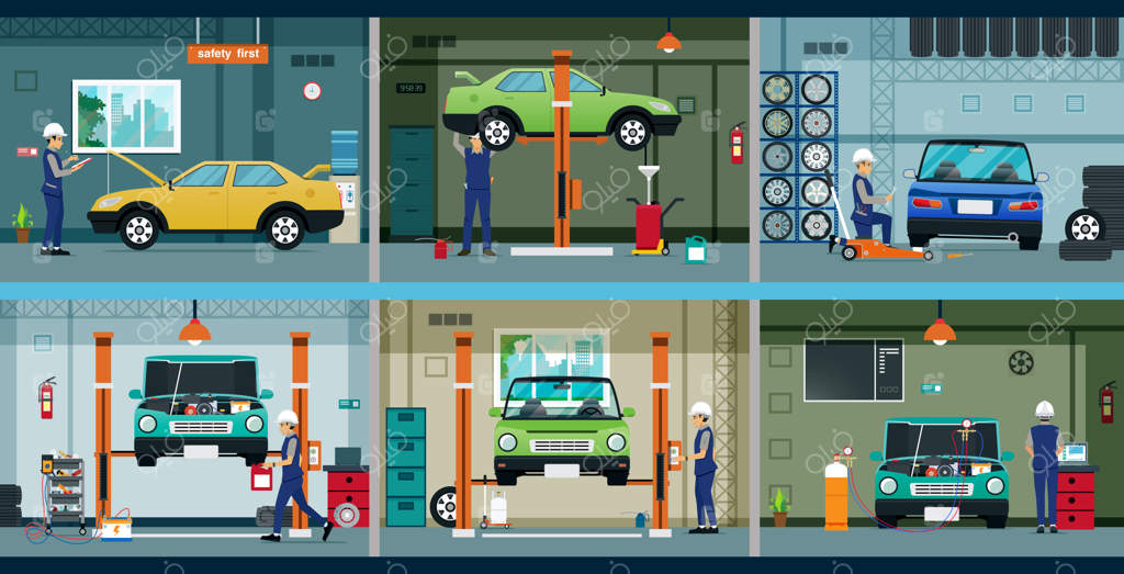 مکانیک در تعمیرگاه با ابزارها مشغول تعمیر خودروها است