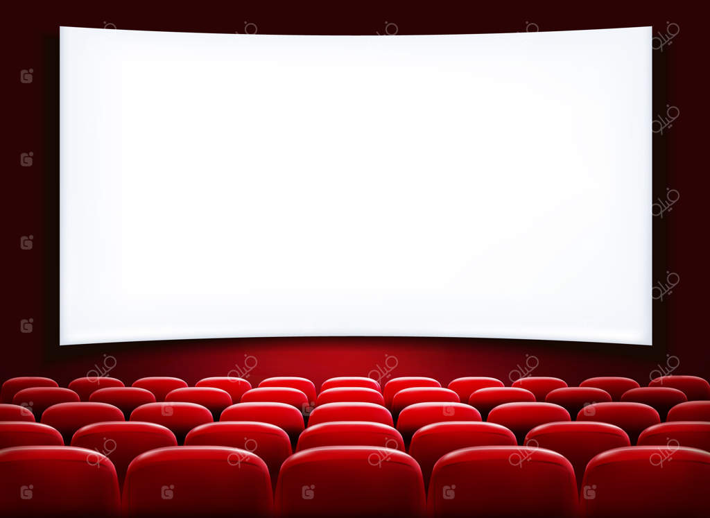 ردیف‌های صندلی قرمز سینما یا تئاتر در مقابل پرده سفید خالی.