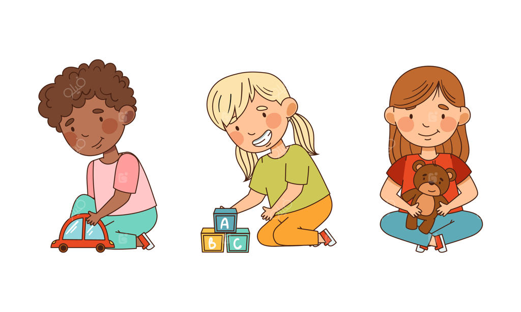 مجموعه تصاویر بازی پسر و دختر کوچک در مهدکودک با ماشین اسباب‌بازی و بلوک‌های الفبا