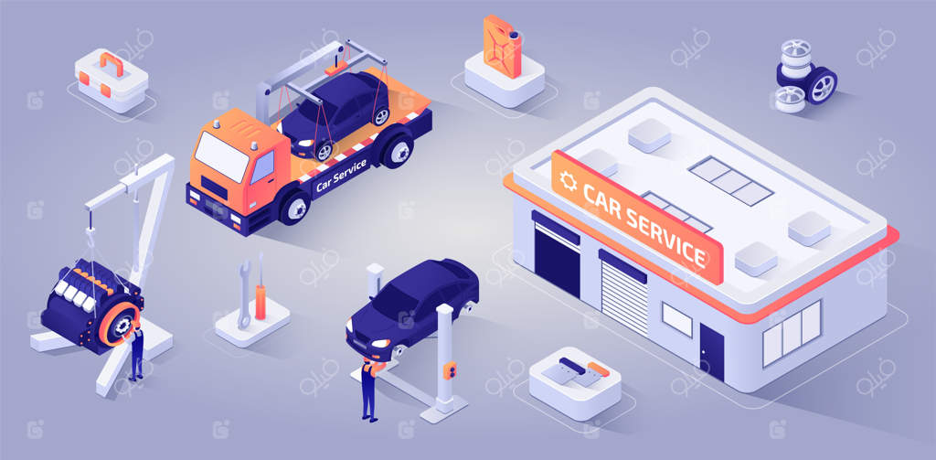 ساختمان تعمیرگاه خودرو با مکانیک‌های در حال کار وکتور