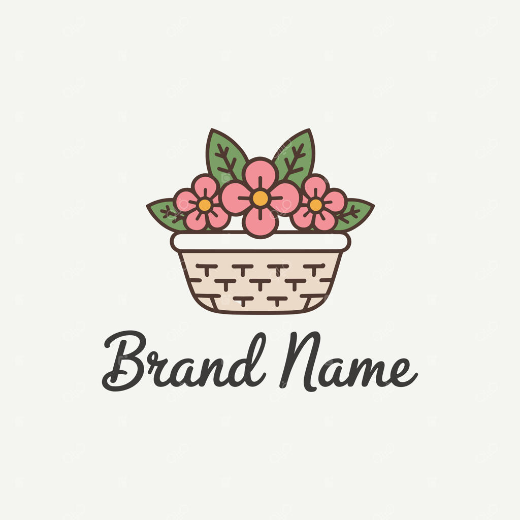 طراحی لوگوی سبد حصیری دل‌انگیز با گل‌های صورتی و برگ‌های سبز برای گل‌فروشی یا فروشگاه هدیه