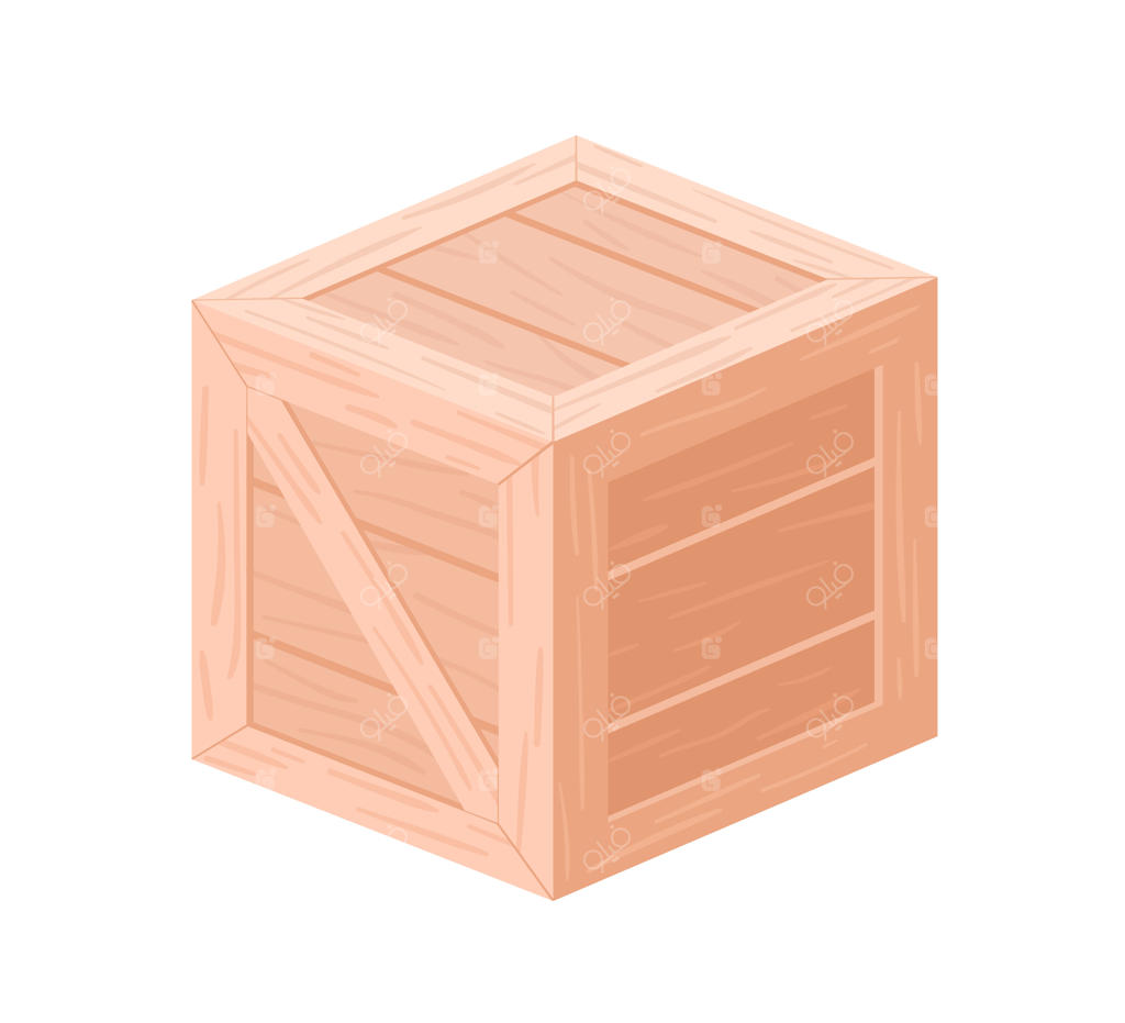 جعبه چوبی برای حمل و نقل کالا. صندوقچه بسته برای کالاها. محفظه مربعی با درپوش برای ذخیره‌سازی. بسته‌بندی تخته سه‌لایی. تصویر رنگی وکتور مسطح، جدا شده روی پس زمینه سفید.