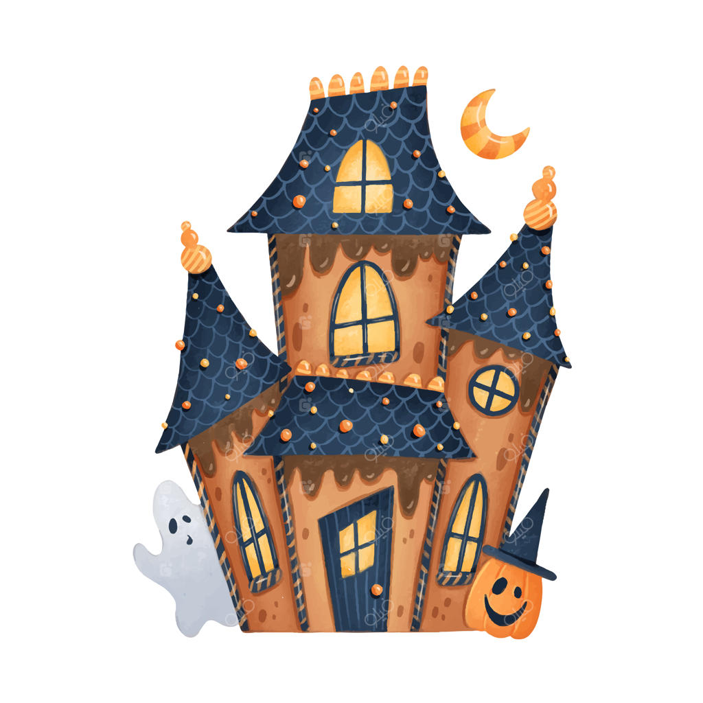 تصویر خانه جنجربرد کارتونی بامزه برای هالووین. خانه‌ی ارواح. خانه‌ی جادوگران.