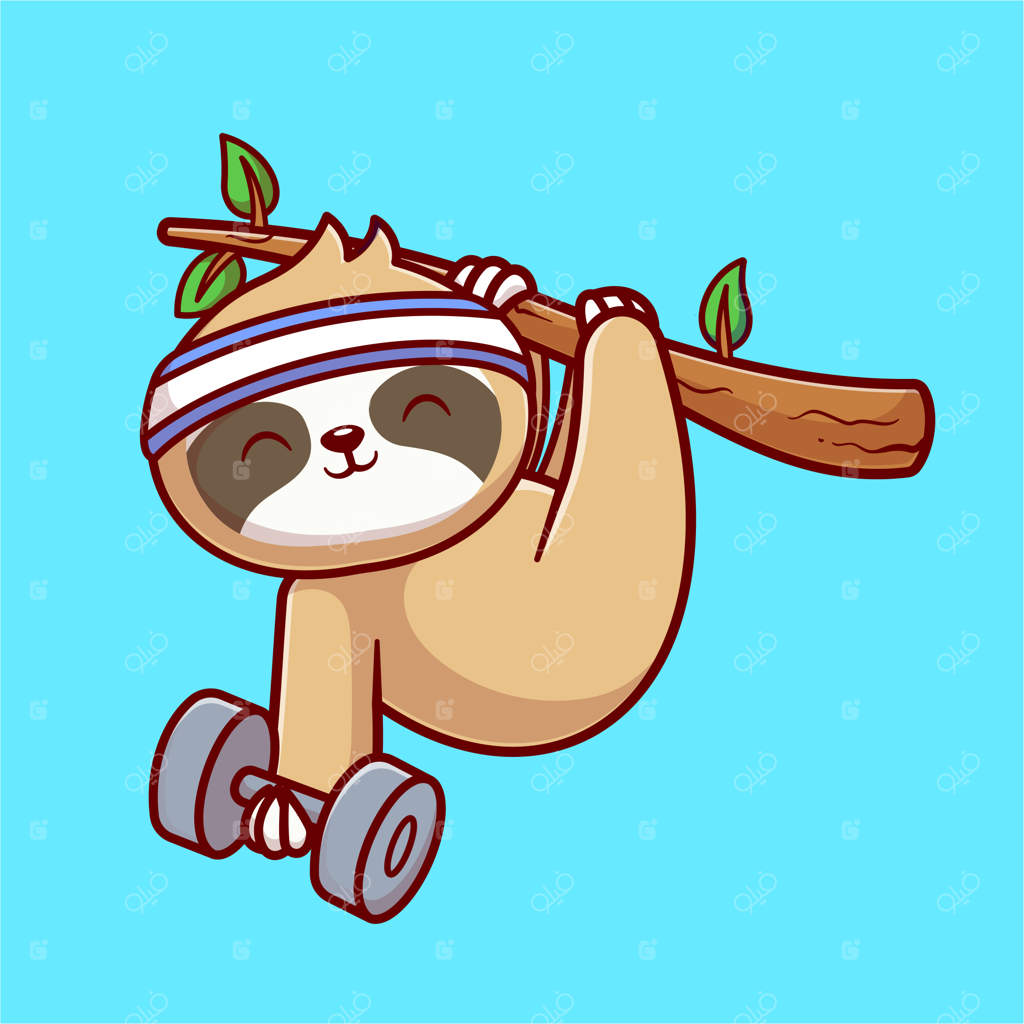 تصویر وکتور کارتونی تنبل بامزه در حال وزنه‌برداری روی درخت. آیکون ورزشی حیوانات