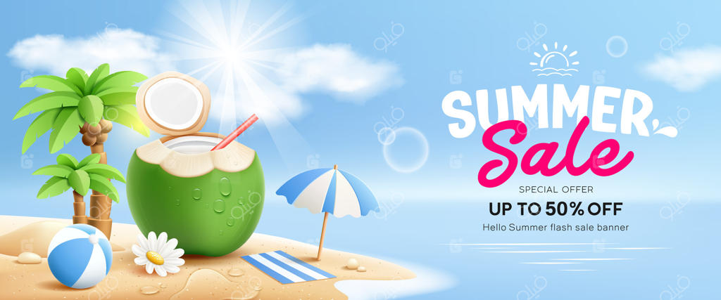 میوه نارگیل تازه، چتر ساحلی، تعطیلات تابستانی، درخت نارگیل، تپه‌ای از شن، طراحی بنر در پس‌زمینه ساحل جزیره