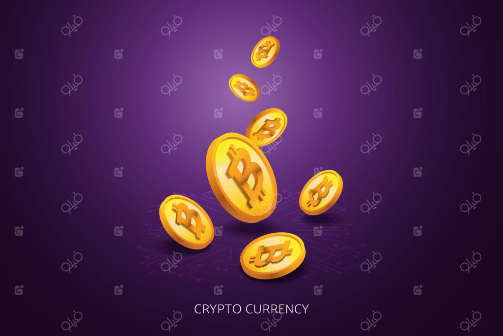 ارز دیجیتال بیت‌کوین با پس‌زمینه دیجیتال بنفش