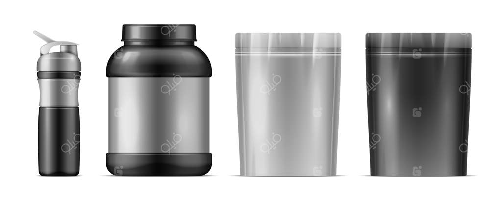 تغذیه ورزشی: بطری پلاستیکی پروتئین وی و بسته بندی دوپک - تصویر برداری برداری شده