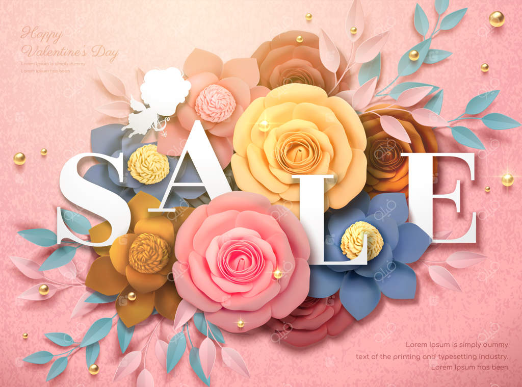 طراحی فروش ویژه روز ولنتاین با گل‌های رنگارنگ کاغذی به صورت سه بعدی