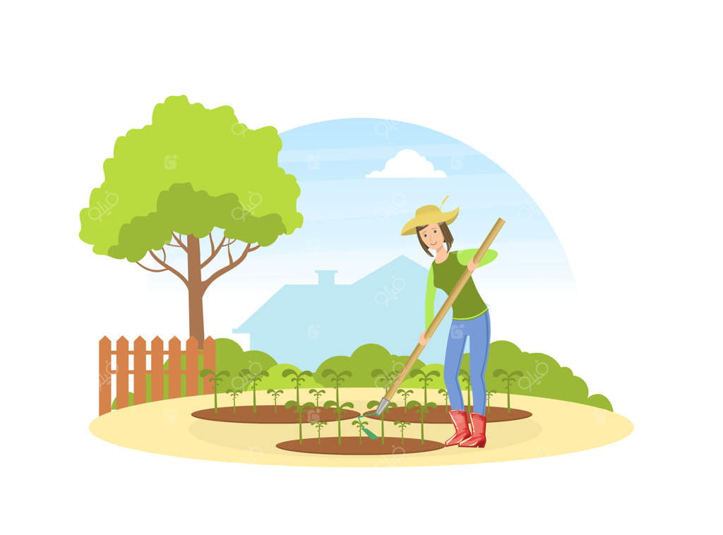 کشاورز زن در حال کار با بیل در باغچه، تصویر شخصیت کارگر کشاورزی