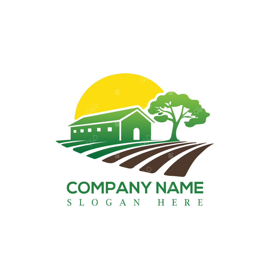 لوگوی مزرعه با خانه، درخت و خورشید