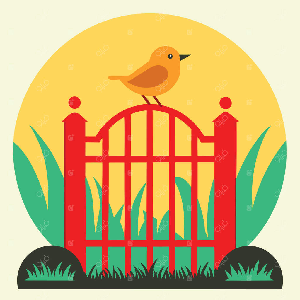 صحنهٔ طبیعت بهاری: پرنده بر دروازه قرمز باغ، آفتاب زرد