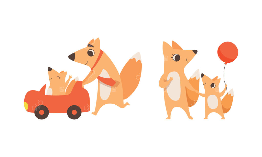 شخصیت‌های دوست‌داشتنی روباه مامان و بابا با بچه‌شان در حال راه رفتن با بادکنک و رانندگی ماشین اسباب‌بازی