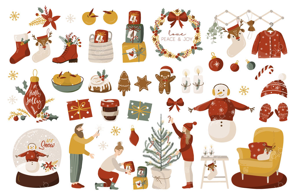 مجموعه کریسمس با عناصر مختلف.