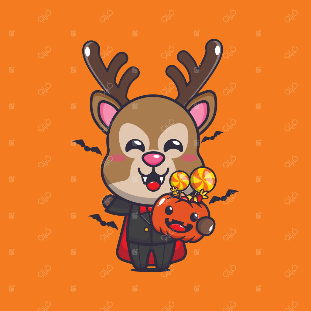 گوزن خون‌آشام با کدو تنبل هالووین. تصویر کارتونی بامزه برای هالووین.