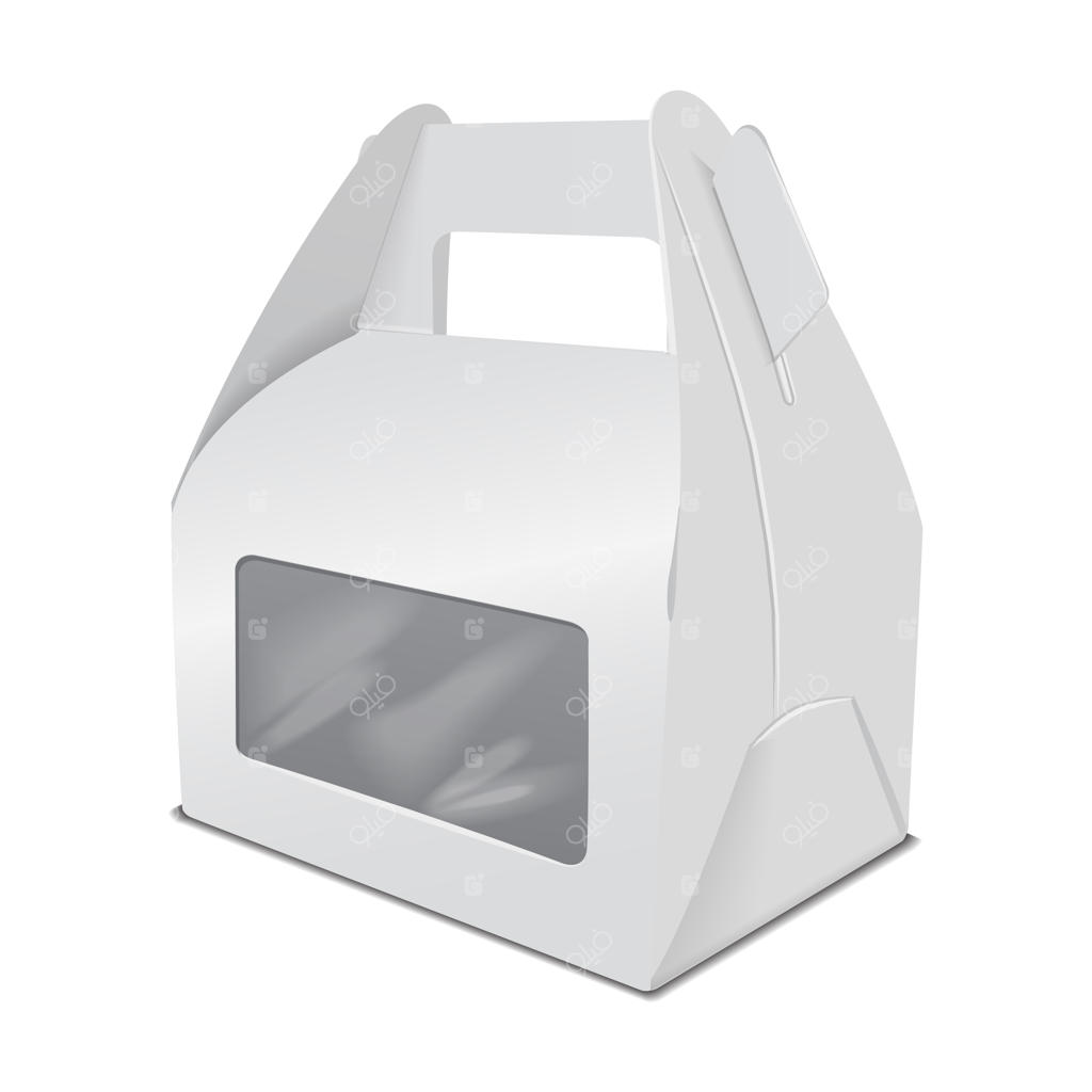 بسته‌بندی کیک کاغذی واقعی: جعبه هدیه با دسته و پنجره. پترن جعبه غذای بیرونی