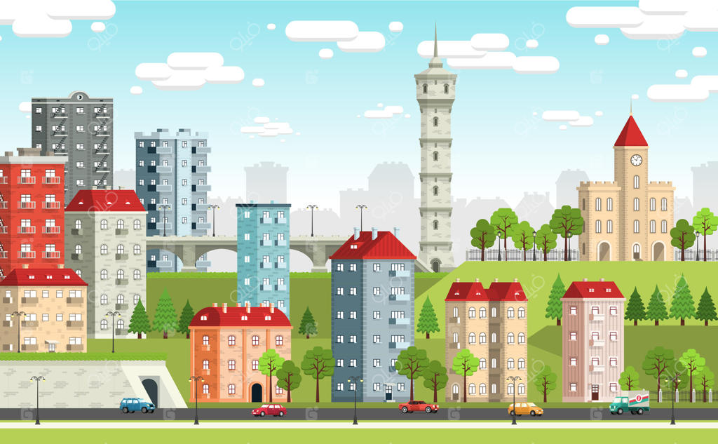 چشم‌انداز شهری به همراه ساختمان‌ها، خانه‌ها و المان‌های خیابانی