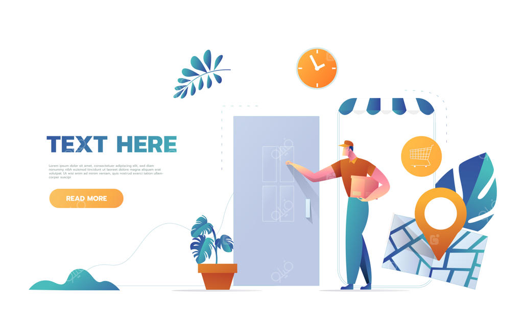 پیک ویژه پسر پیام‌رسان با جعبه کارتن در حال زدن درب به سبک کارتونی